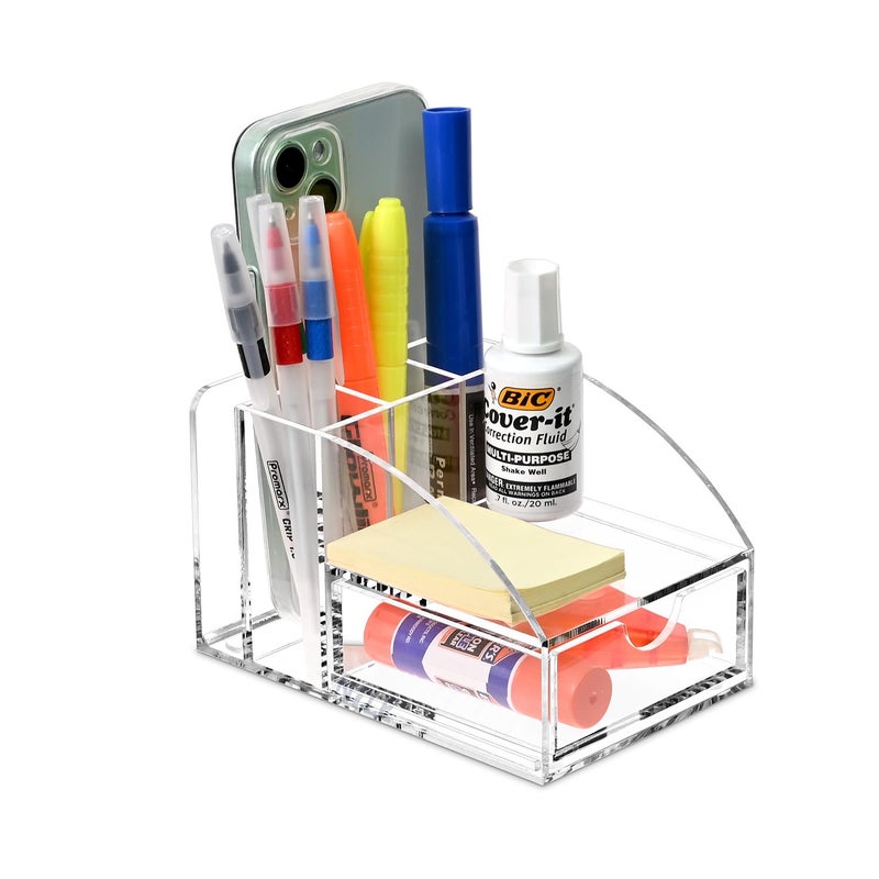 Ikee Design Acrylic Premium Desktop Office Supplies Organizer with Post It Note Pad Holder, Mail Storage and 3 Pencil Slots Pencil Holder, Office Tool Storage Case, 3 7/8 W x 5 7/8 D x 3 1/2 H in - Image 1